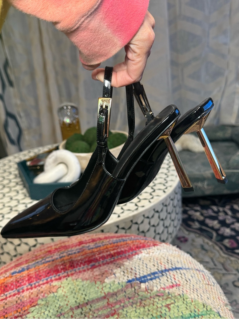 ✨▪️Black Patent Slingback Heels with Gold Heel Stiletto - Picture 6 of 6